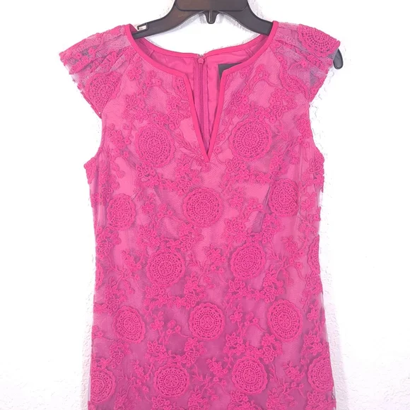 ADRIANNA PAPELL Eyelet Boho Overlay Fuchsia Dress - Picture 5 of 13